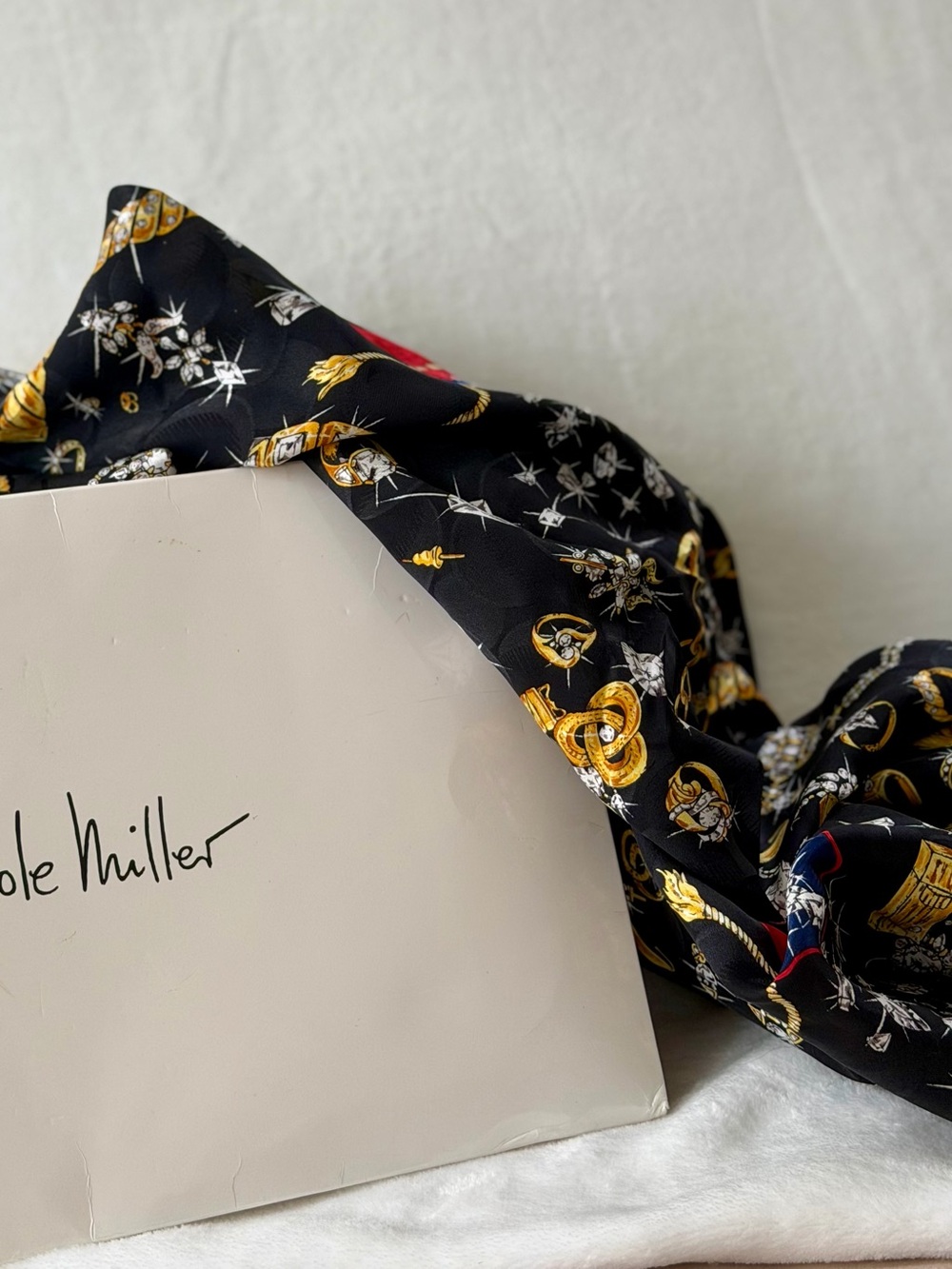 NOS Vtg 1992 Nicole Miller 43" Oversized Silk Scarf Status Baroque Keys Wrap